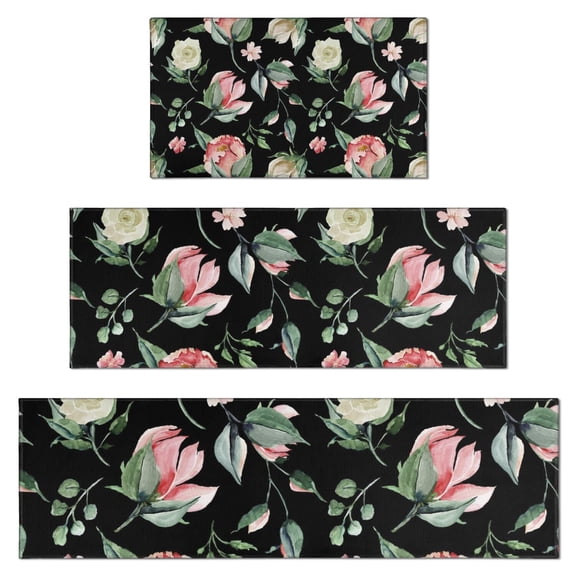 Pioneer Flower Floral Print Pattern Kitchen Rugs Sets Of 3,Kitchen Runner Rugs Non Skid Washable,Decorative Kitchen Floor Mats for Kitchen,Sink,Laundry,17"x30" 17"x47" 17"x59"