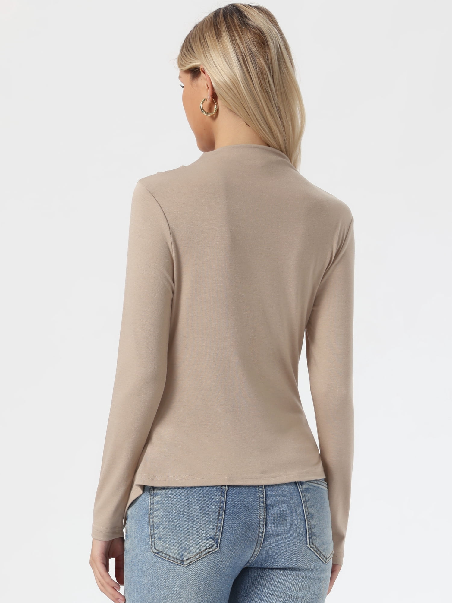 DARING DIVA Women's Pleated Mock Neck Long Sleeves Cozy Fitted Top L Camel
