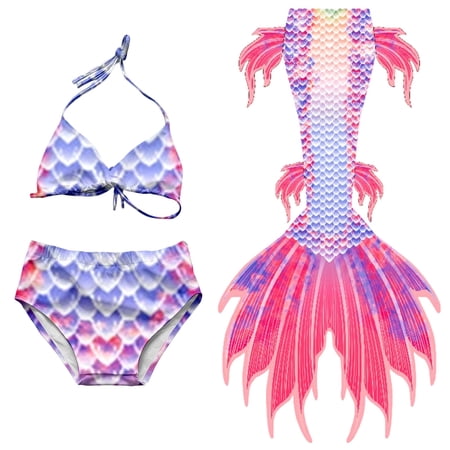 Lkhaha Girls Swim Suits Fish Scale Print Halter Lace Up Bikini Tail 3 Piece Set Athletic Swimwear Pink 7-9 Years