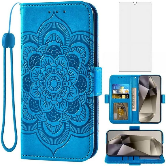 Phone Case for Samsung Galaxy S24 Ultra 5G Wallet Cover with Tempered Glass Screen Protector and Leather Flip Credit Card Holder Stand Cell Accessories S24Ultra 24S S 24 24Ultra Women Men Blue