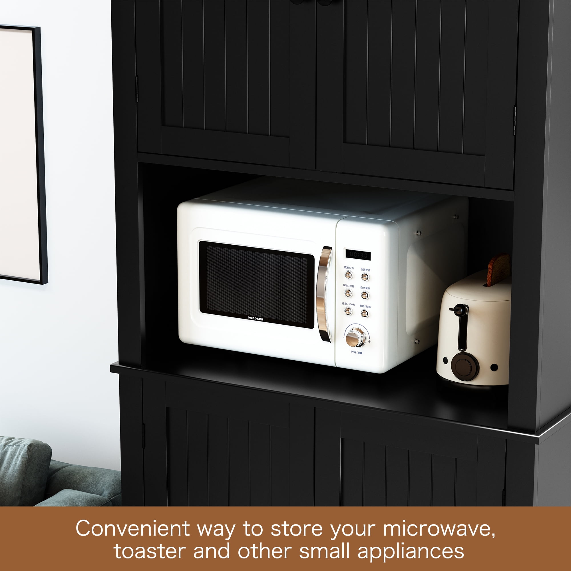 HLR 72" Kitchen Pantry Cabinet, Freestanding Pantry Storage Cabinet with Hutch & Shelves, Black
