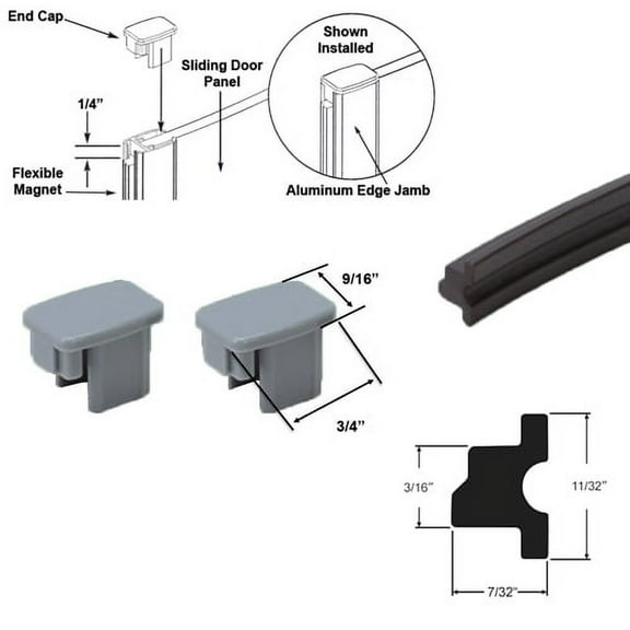 Flexible Shower Door Magnetic Seal 70" Long with Gray Plastic End Caps