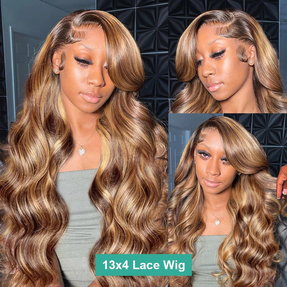Versatile Highlight Ombre Body Wave 200 Density 13x4 Lace Front Wig Human Hair 13x6 Honey Blonde P4/27 Colored HD Lace Frontal Wigs, Typpkmm