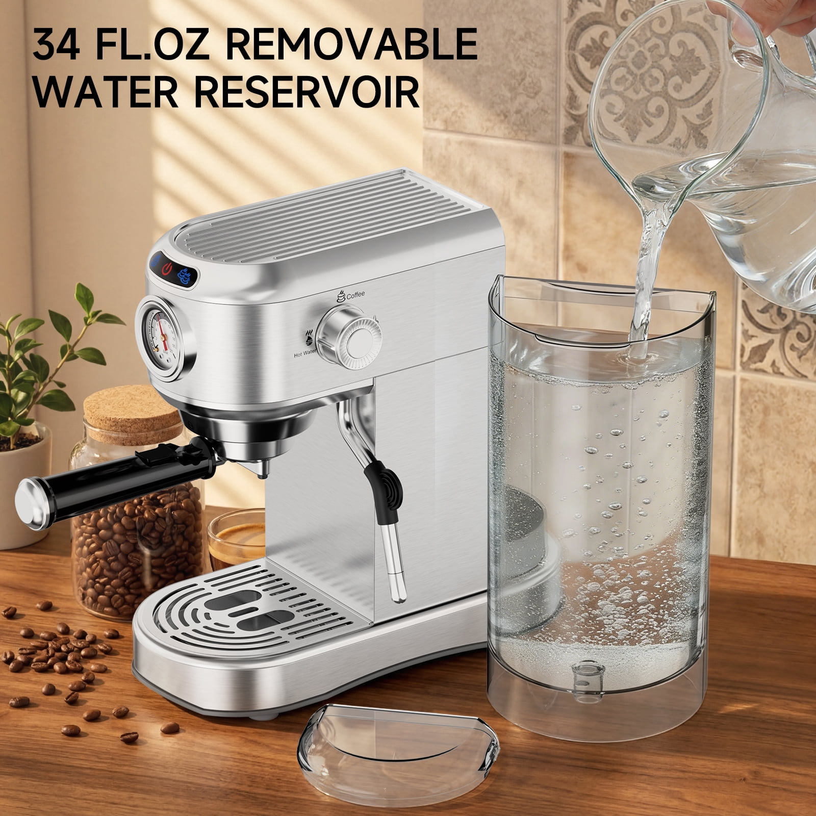 SUDILO 20 Bar Espresso Machine, Stainless Steel Coffee Maker with Steam Frother, 34oz Removable Water Tank, Compact for Home Office, Silver