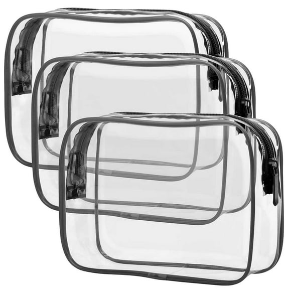 3 Pack Clear Makeup Bag - Quart Size Toiletry Bag with Zipper - Water-Resistant Durable PVC Clear Toiletry Bag for Carry-on Airport Travel Accessories - Black