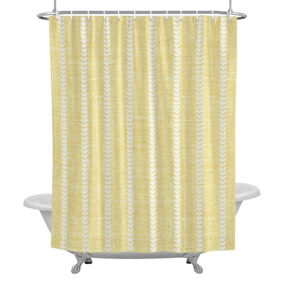 Light Yellow Linen Shower Curtain, Modern Farmhouse Vertical Lines Waterproof Fabric Bathroom Shower Curtains Set with Hooks, 72 X 72 Inch Long