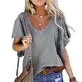 thumbnail image 4 of Blusa con escote en V y mangas con volantes en color puro para citas casuales de mujer, estilo elegante de verano, 4 of 6