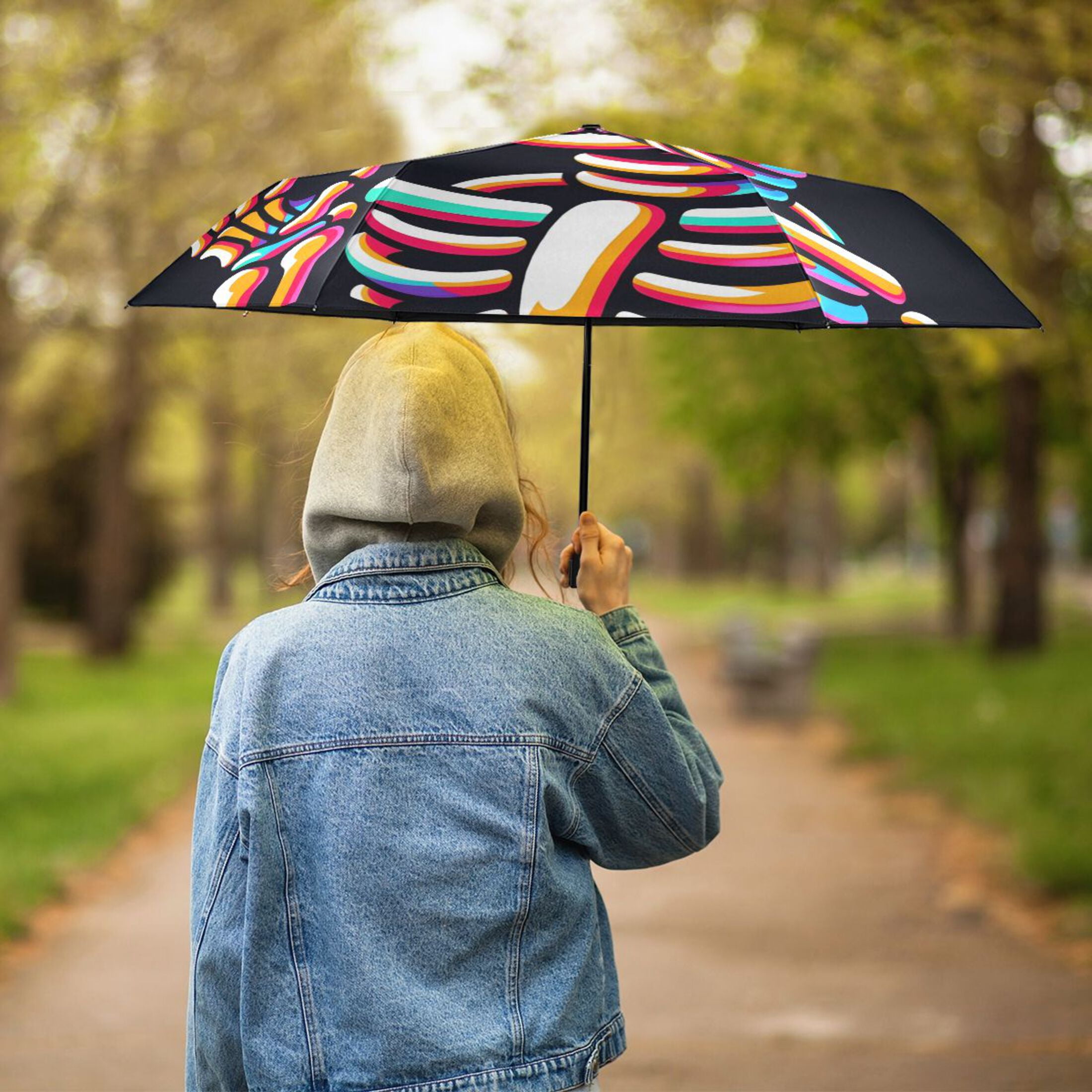 Cute Rainbow Skull Skeleton Compact Sun Umbrella Windproof Travel Umbrellas for Rain Strong Portable UV Protection