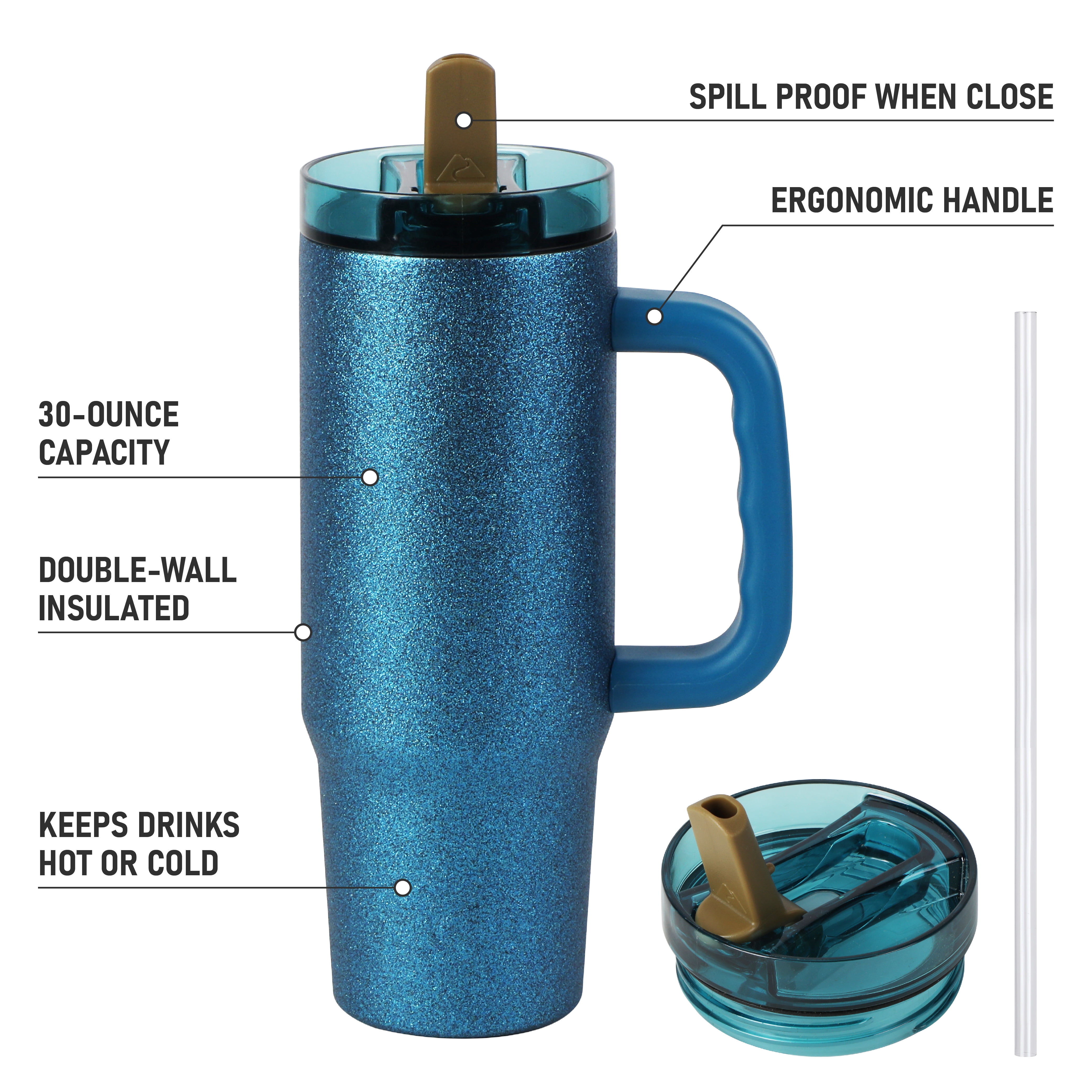 Ozark Trail 30 oz Limited Edition Stainless Steel Insulated Tumbler with Handle, Blue Glitter