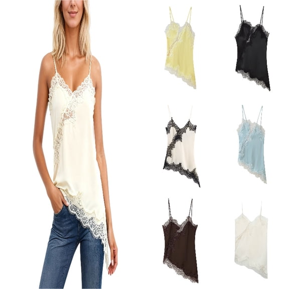 SGMVNU Silk Lace Camisole Tops for Women Lace Patchwork Cami Tank Dress Asymmetric Satin Layering Tops Size: XS White