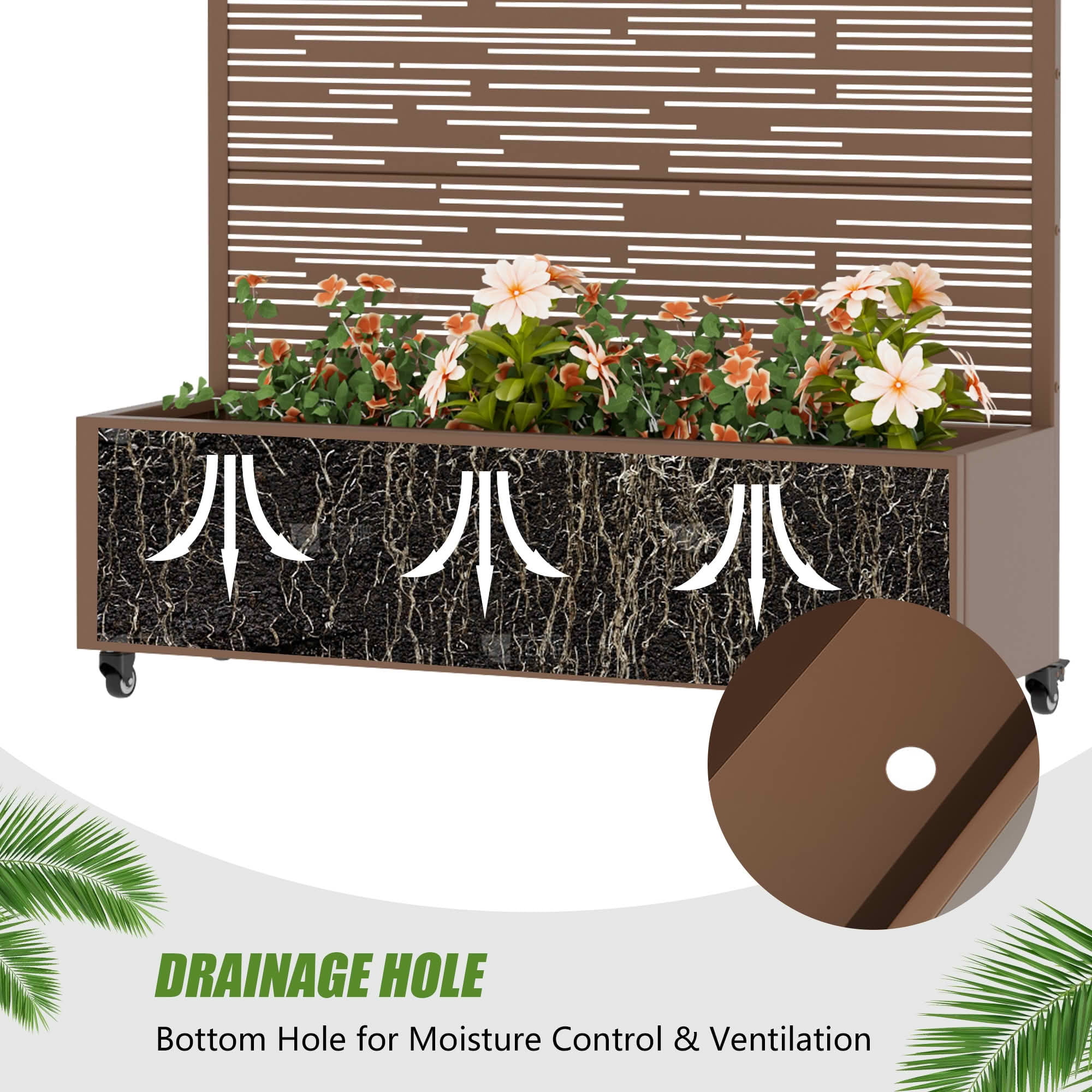 MAYEERTY 72X47" Metal Outdoor Brown Privacy Screen with Planter Box for Backyard & Garden, 5 Piece Set
