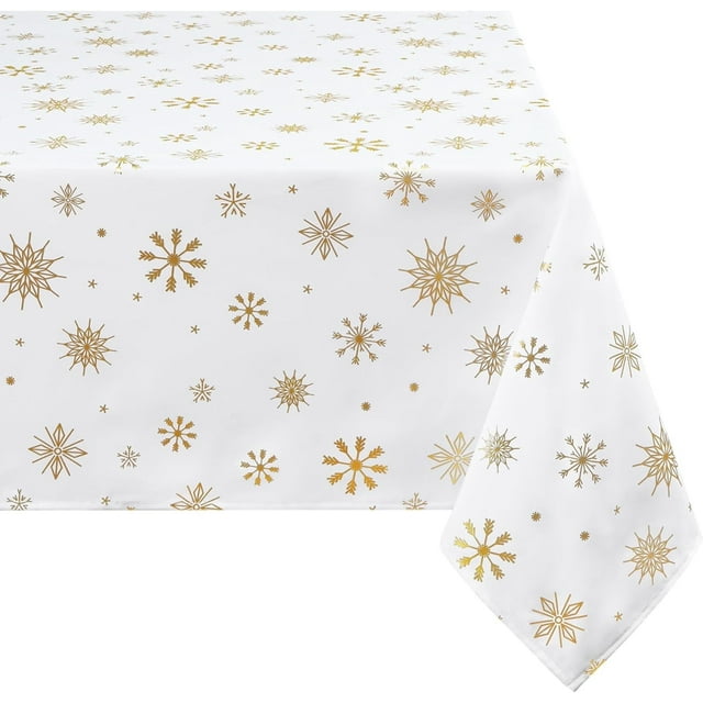 Christmas Tablecloth 60×84 Inch, Gold Snowflake Christmas Table Cloth for Winter, Christmas Tablecloths, Waterproof Spill-Proof Table Cover for Table, Kitchen, Dining, Holiday, White