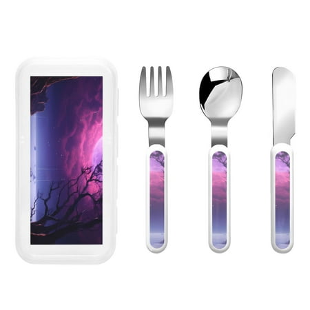 

Cauagu Purple Moon Tree Night Sky Print 3-Pieces Toddler Cutlery Set Kids Silverware Set with Spoons Forks & Knife Stainless Steel Utensils for Kids Dishwasher Safe