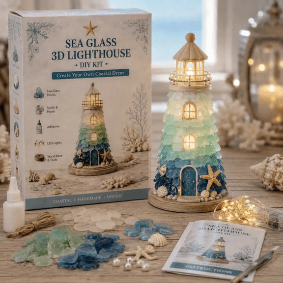 Beginner-Friendly DIY Lighted Sea Glass-Style Lighthouse Kit Collection Ocean Inspired Craft Kit for Coastal Home Decor Seasonal Display and Handmade Projects (ocean)
