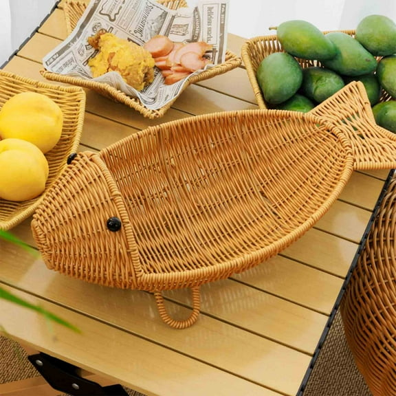 Amacok Rattan Woven Snack Fruit Baskets Desktop Fish Shaped Storage Baskets for Kitchen Counter, Fruits Stand Holder Organizer for Bread Snack Vegetable, 12Inch