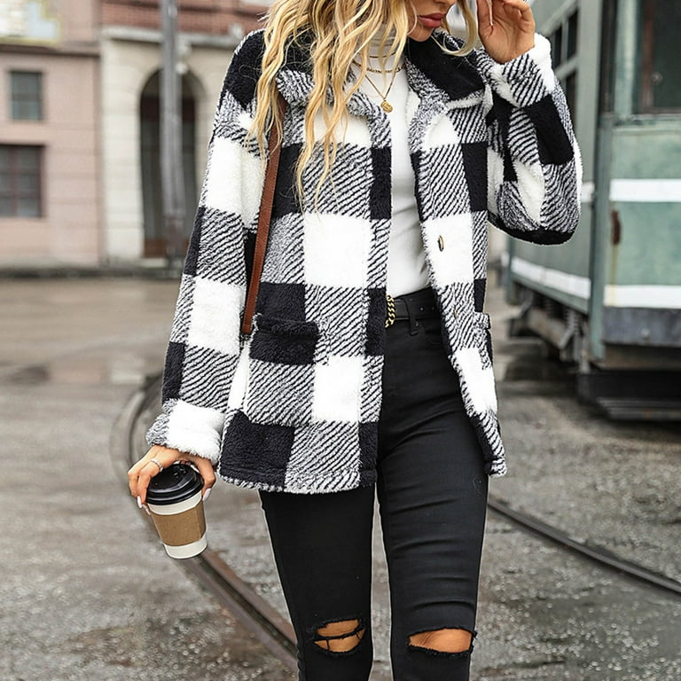 ICHUANYI Women's Fashion Coat Long Sleeve Plaid Lapel Zip Up