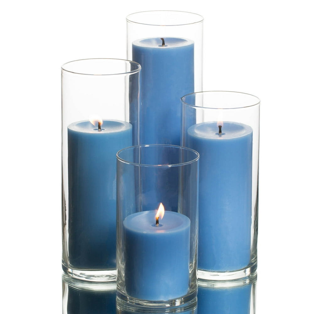 Richland Pillar Light Blue Candles & Eastland Cylinder Holders Set of 4