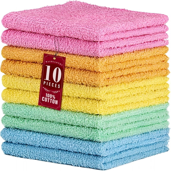 AUQ 10 Pack 100% Cotton Wash Cloth,Luxurious Soft,12 X 12 Inch Ultra Absorbent,Machine Washable Washcloths,Assorted Colors