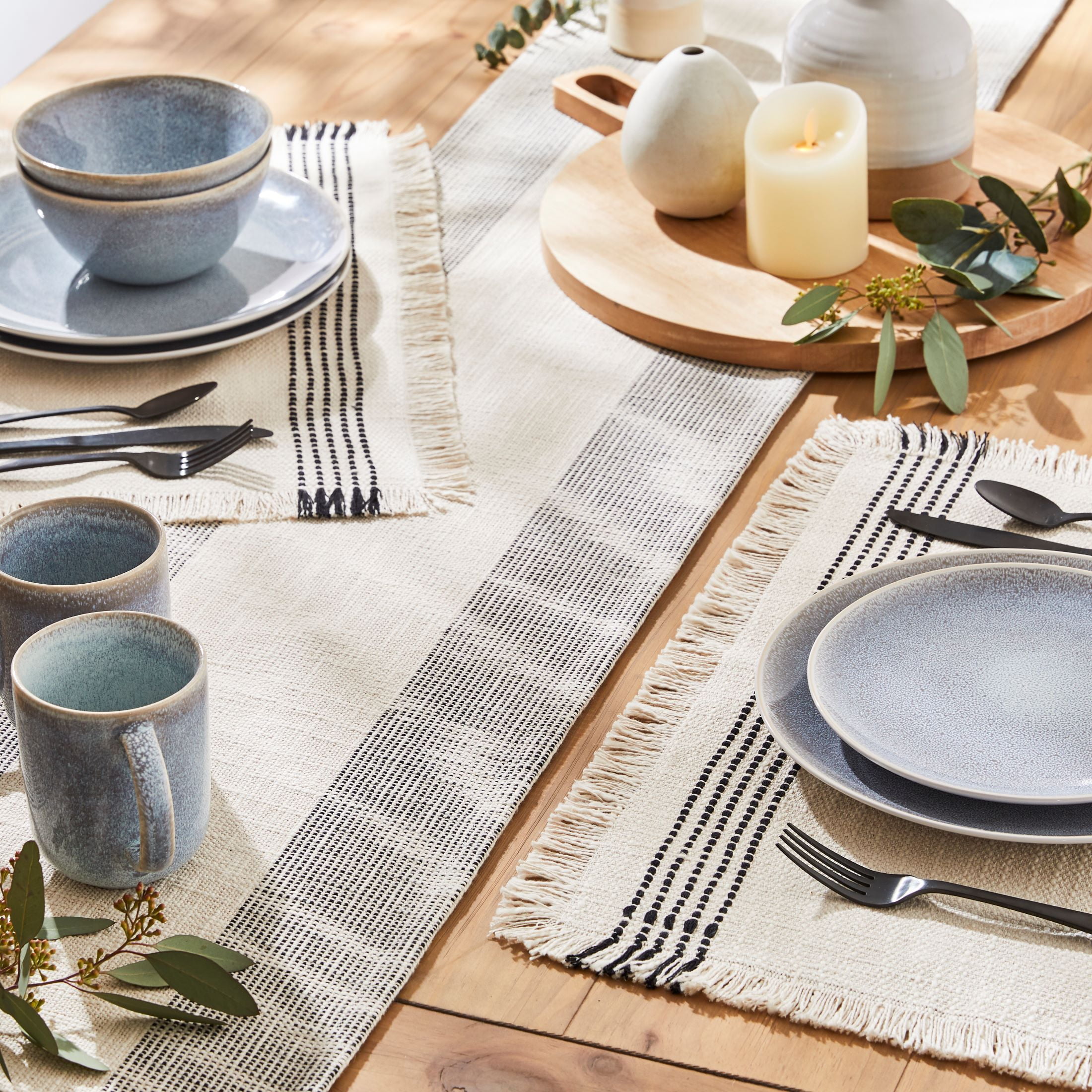 (2 pack) Better Homes & Gardens Jett Stripe Cotton Woven Table Runner - Black and White - 14" x 90"