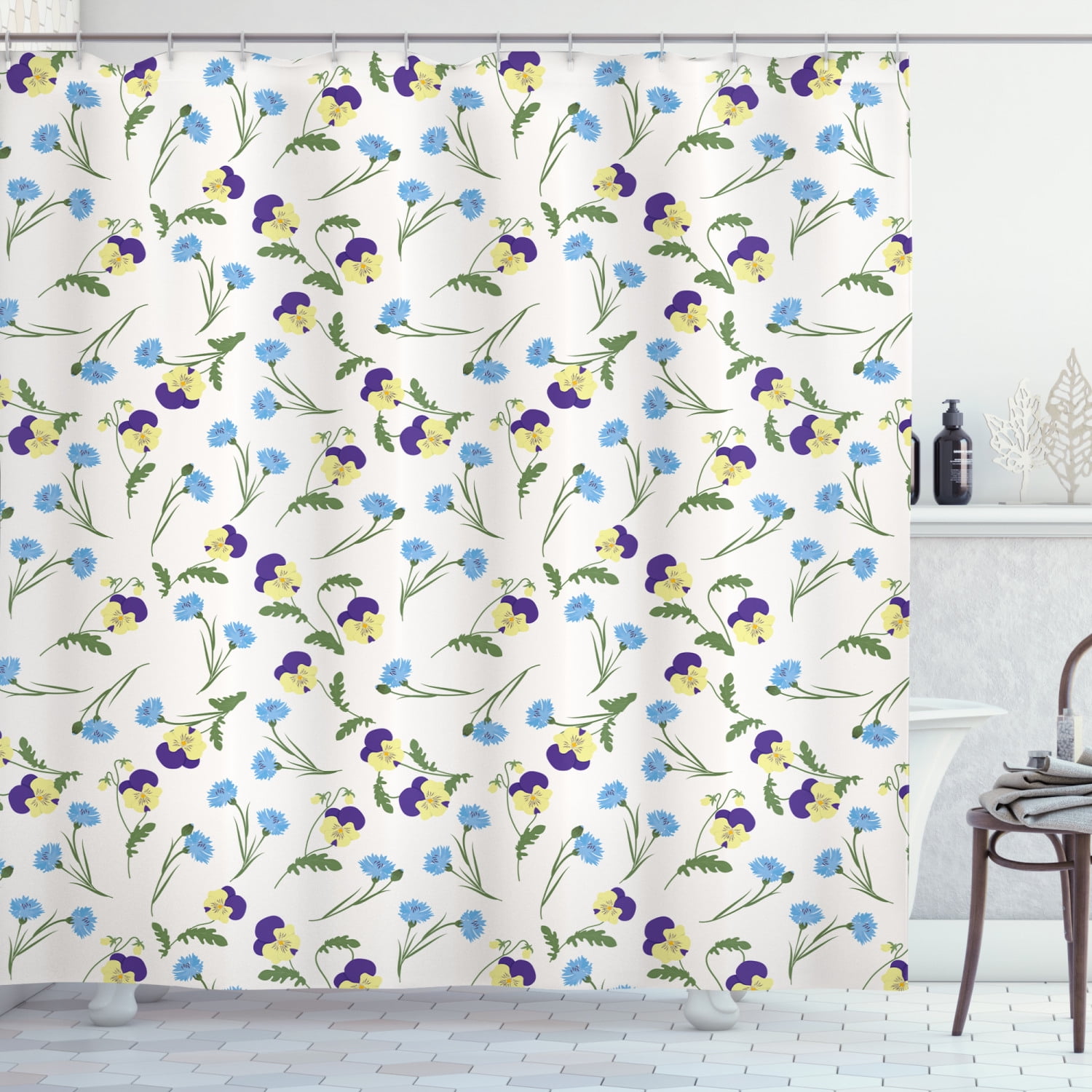 Pansy Shower Curtain, Scattered Layout of Flourishing Cornflowers