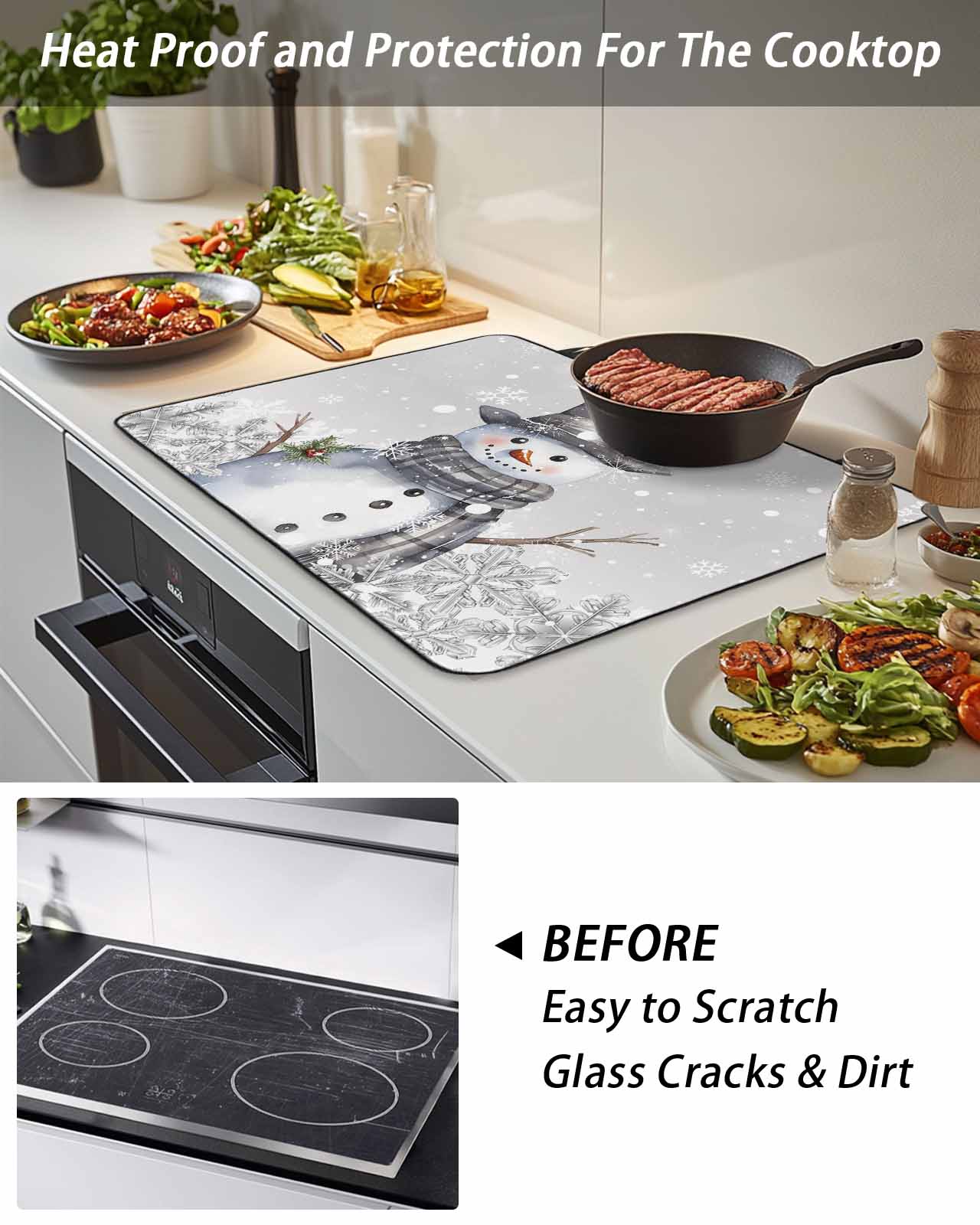 Merry Christmas Stove Top Covers for Electric Stove, 28'x20'' Grey Snowman and Whinter Snowflake Glass Ceramic Stove Cover Foldable Rubber Mat Heat Resistant Cooktop Protector for Kitchen