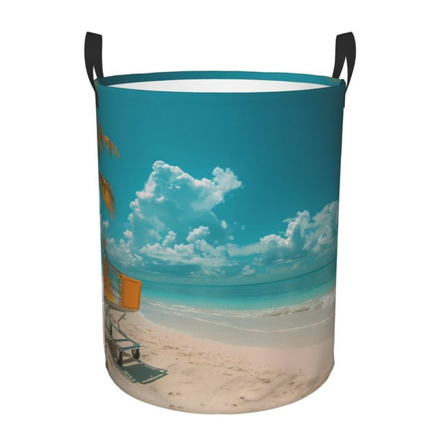 Balery Shopping Cart On Tropical Beach Cesta de ropa redonda con asas, impermeable, independiente, para ropa, juguetes, dormitorio y familia-Small