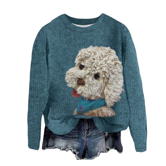 Women Fashion Sweatshirts Cute Cartoon Dog Print Long Sleeve Crew Neck Loose Fit Pullover Tops Light Blue