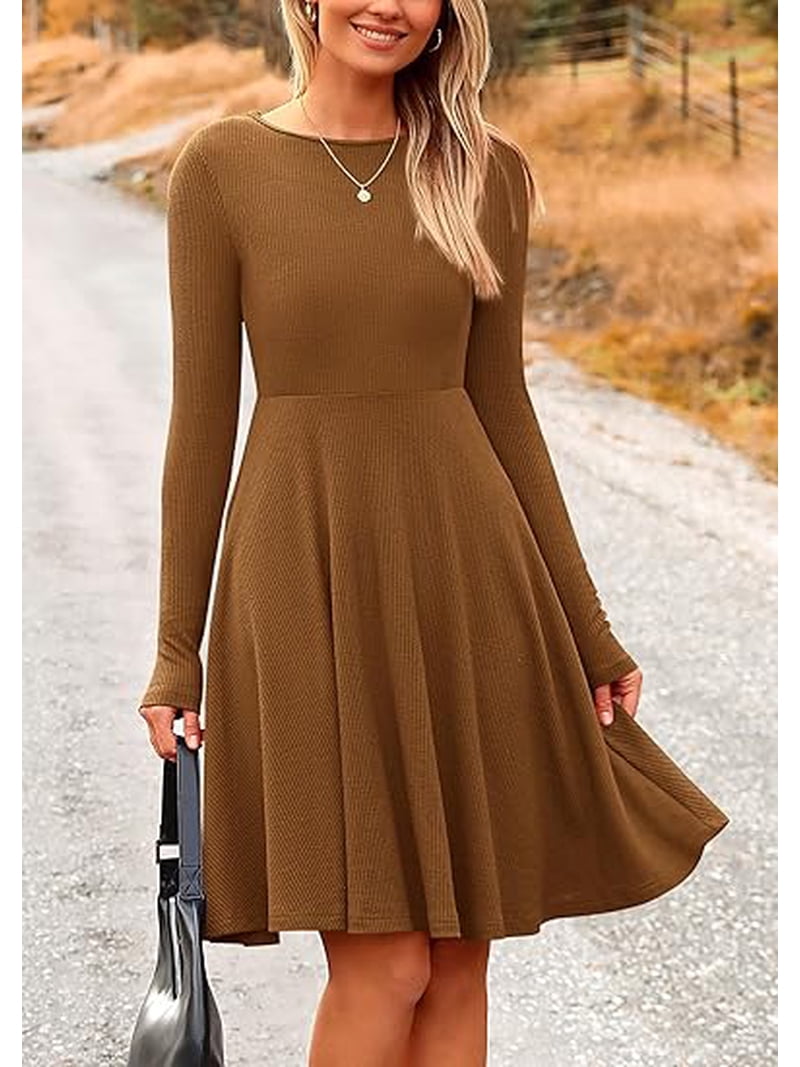 Prettygarden Women's Spring Fall Short Dress Ribbed Knit Crewneck Long Sleeve A Line Flowy Casual Elegant Going Out Dresses, Size: Large, Brown