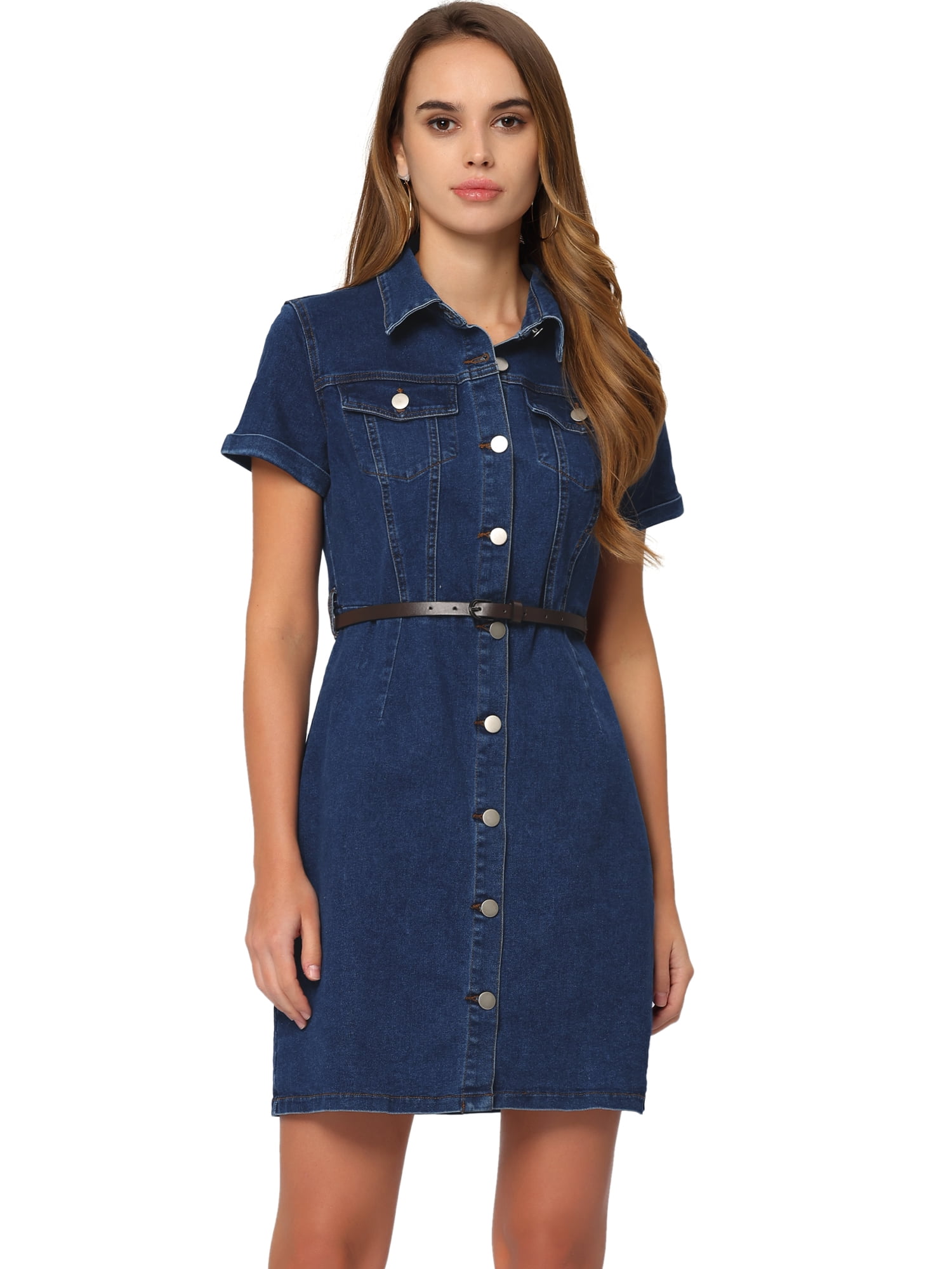 Vestido de camisa de mezclilla para mujer, cuello de manga corta