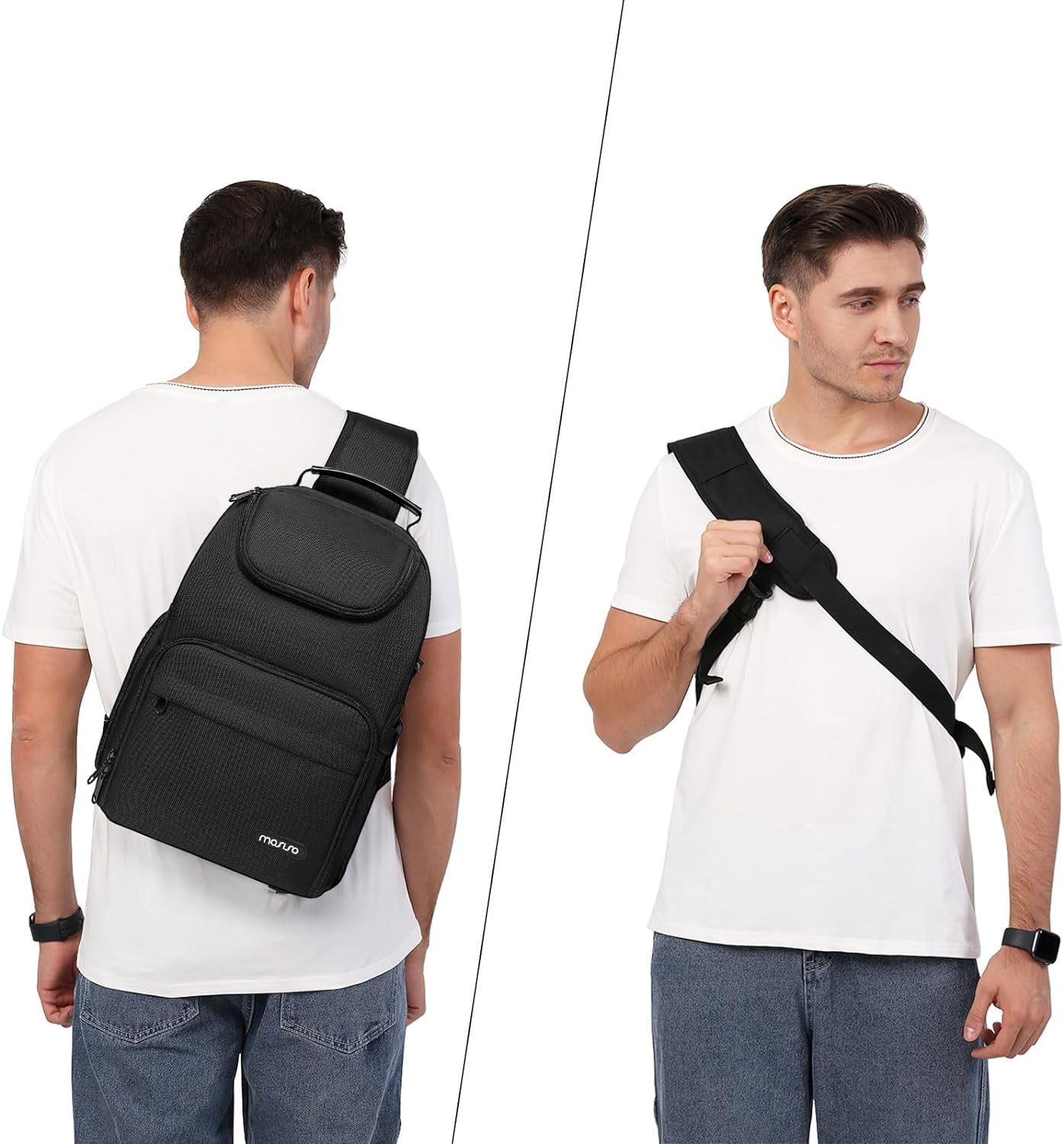 Mosiso Camera Sling Bag for Photographers, DSLR/SLR/Mirrorless Camera Case Crossbody Sling Backpack with Tripod Holder, Compatible with Canon/Nikon/Sony, Black