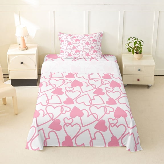 Erosebridal Dreamy Princess Style Twin Sheet Sets,Pink Loves Heart Bedding For Girls Kids 3-Piece