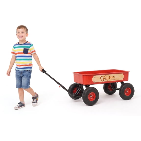 Flybar Kids Folding Beach Wagon Cart w/ 10” All-Terrain Tires, Adjustable Handle, 165 lb Capacity, Ages 3 , Red