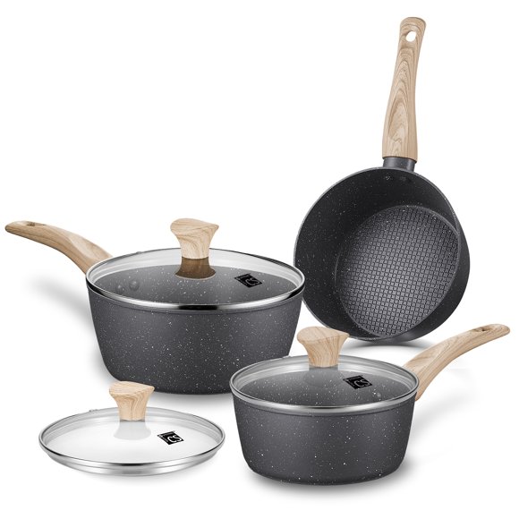 CS KOCHSYSTEME 1.3QT&2.3QT&2.8QT Black Saucepan Set - Black Marble Nonstick Saucepan Set with Lid, Heating Fast, Easy to Clean, Comfortable Handle, Suitable for All Stovetops Removable Handle