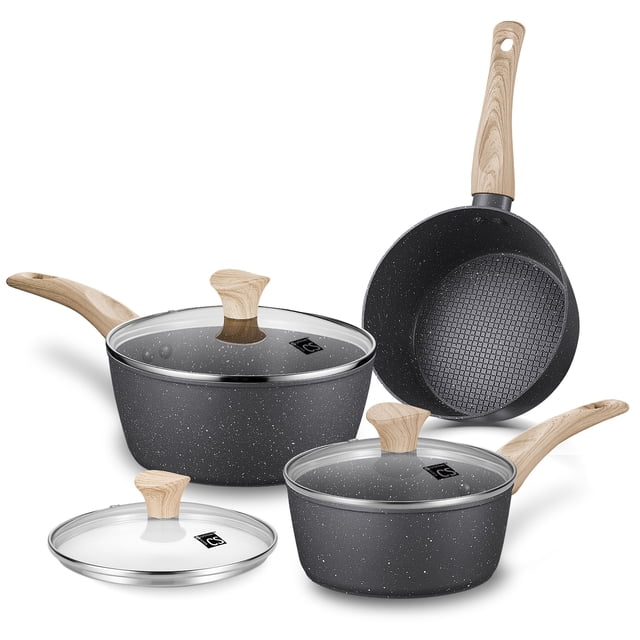 CS KOCHSYSTEME 1.3QT, 2.3QT, and 2.8QT black saucepan set with black marble nonstick coating, lids, and removable handles. Includes three saucepans with wooden-style handles, suitable for all stovetops. Ideal for fast heating, healthy cooking, and easy cleaning.