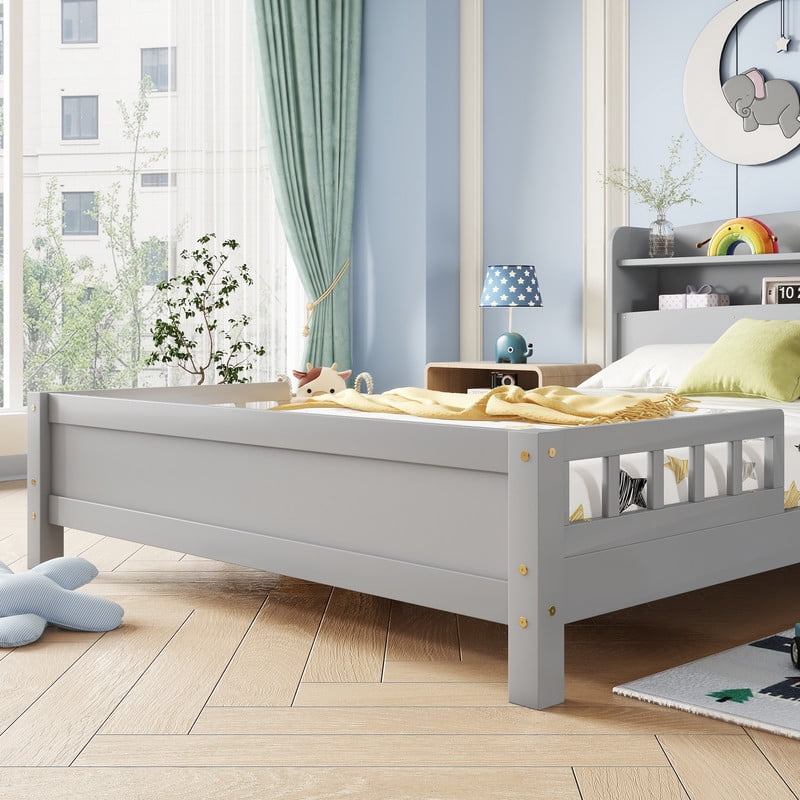 Full Size Bed Frame with Storage , Wood Full Bed with LED Lights and Storage Headboard, Full Size Platform Bed with Slats Support ,No Box Spring Needed, Grey