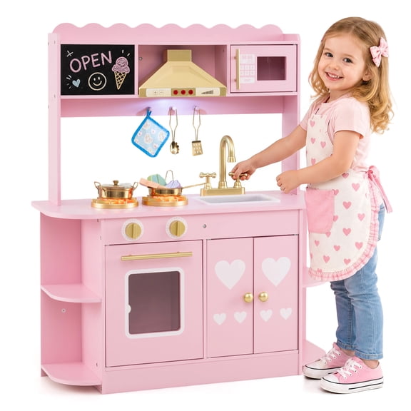 Gymax Wooden Play Kitchen for Kids Toddlers w/ Real Lights & Sounds Storage Oven Pink