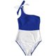 thumbnail image 1 of Traje de baño de una pieza para mujer Color Block Traje de baño con lazo en un hombro, azul blanco, S Feliz Sencillez, 1 of 5