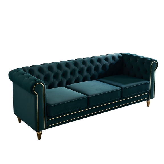 3 Seater Chesterfield Button Tufted Velvet Sofa, Wide Upholstered Couch with Rolled Arms Removable Cushions Metal Legs for Living Room Office Apartment