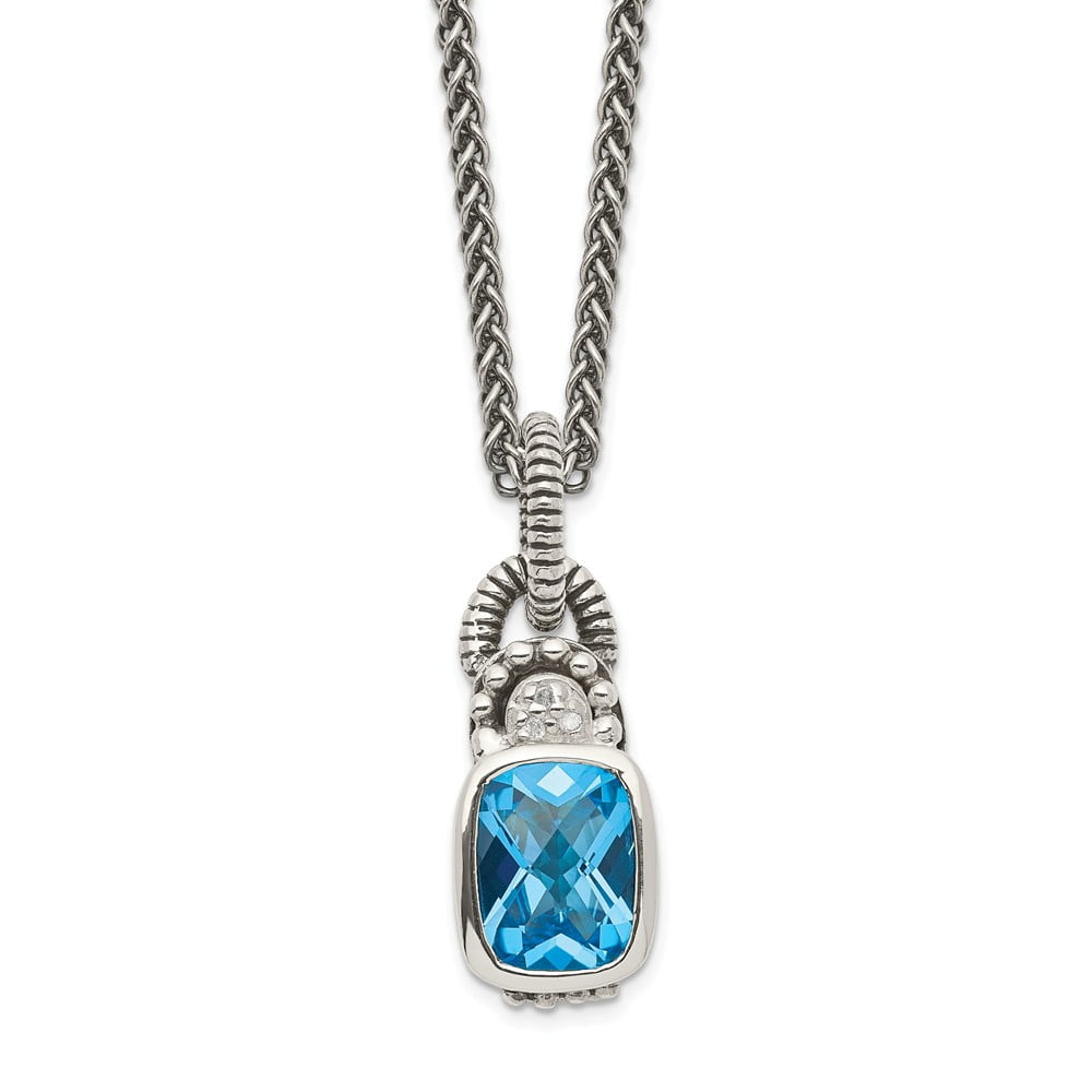 White Sterling Silver necklace Gemstone Yellow Sky Blue Topaz Cushion Diamond Round 18 in 2 mm