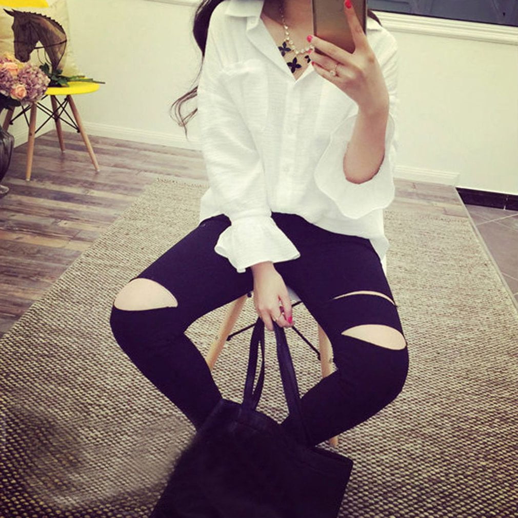 Clearance Sale Women Trendy Fashion Personality Jeans Korean Style Female Pants Ripped Hole Trousers Pencil Pants Slim fit Black S Walmart