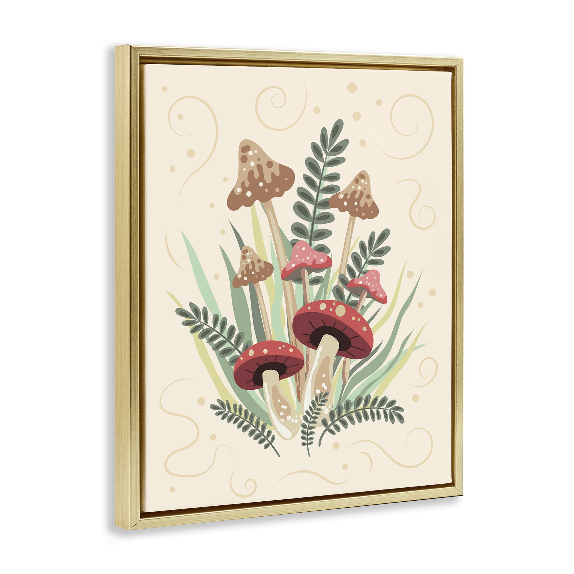 Stupell Industries Mushrooms & Swirl Pattern Botanical & Floral Painting Gold Floater Framed Art Print Wall Art, 25 x 31