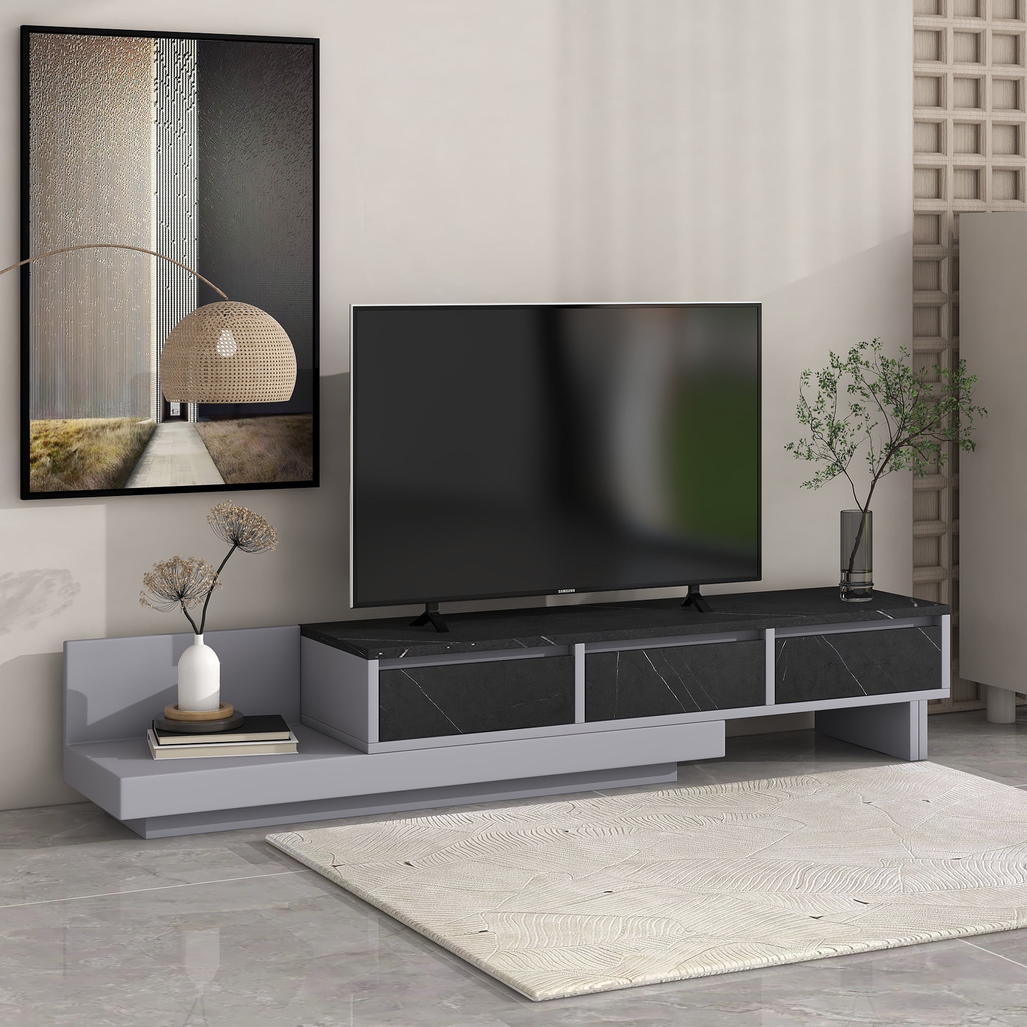 EUROCO TV Stand for 50” White Media Console with 3 Drawers Expandable