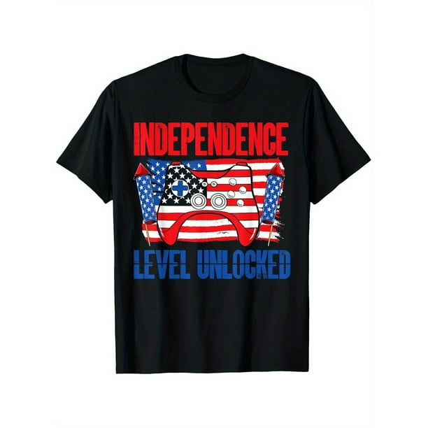 Boys' 4th of July Independence Day "Level Unlocked" Cotton T-Shirt – Patriotic Gaming Controller Graphic, Black Casual Short Sleeve Tee for Youngsters, Comfortable Summer Wear