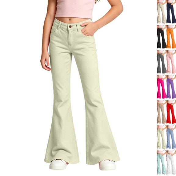 Girls High Waist Bell Bottom Pants Soft Stretch Durable Baggy Flare Uniform Pants Trendy Casual Trousers Back To School Daily Outfits,12-13Y,Light Green
