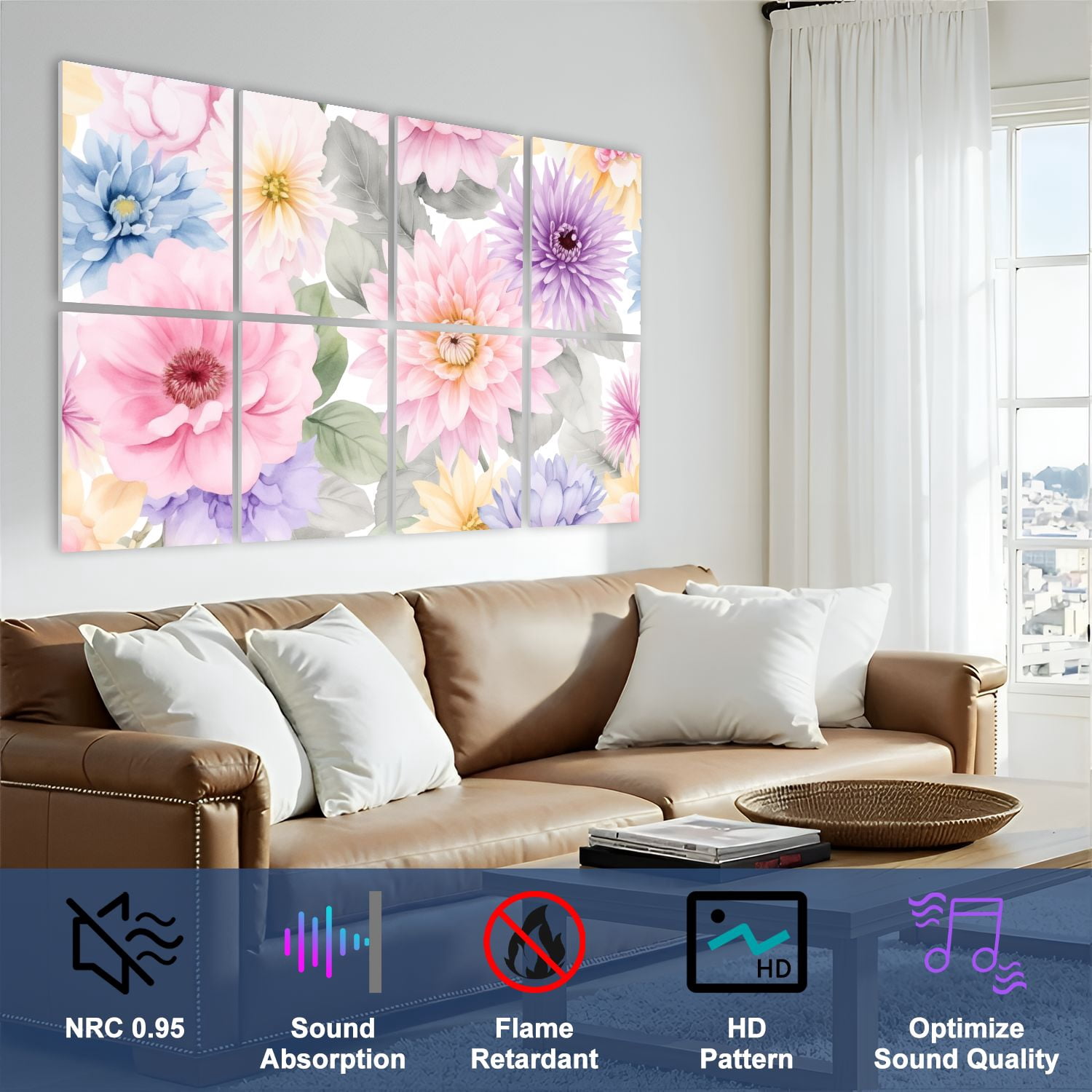 8 Pack Art Acoustic Panels Sound Absorbing Colorful Watercolor Floral Leaves Pastel Flowers Decorative Soundproof Wall Panels Self Adhesive for Nursery Game Room Bedroom 48"x32"
