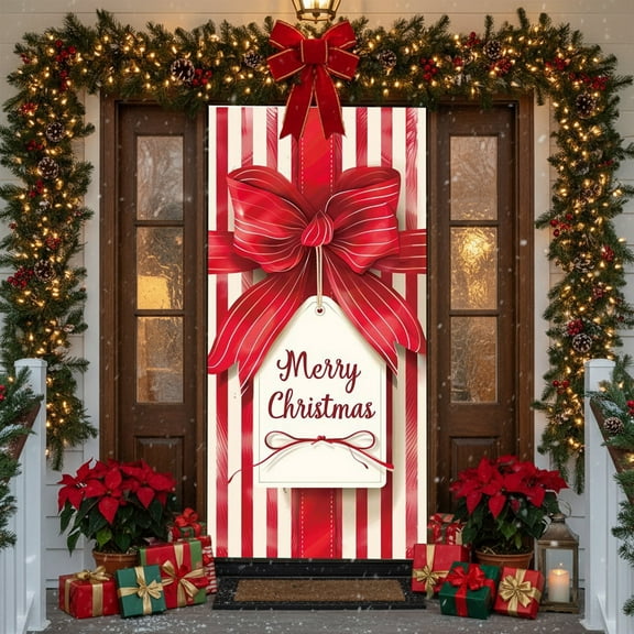 Festive Christmas Door Cover With Elastic Fabric Fit, Large Holiday Themed Door Curtain For Wall And Front Porch Seasonal Party Decorations