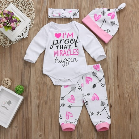 

4pcs Infant Newborn Baby Girl Letter Bodysuit +Pants Jumpsuit +Hat +Headband Clothes Outfit Set 0-24M