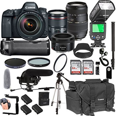 Canon EOS 6D Mark II With 24-105mm f/4 L IS II USM + 50mm 1.8 STM + Tamron 70-300mm + 128GB Memory + Pro Battery Bundle + Power Grip + Microphone + TTL SpeedLight + Pro Filters (25pc Bunle)