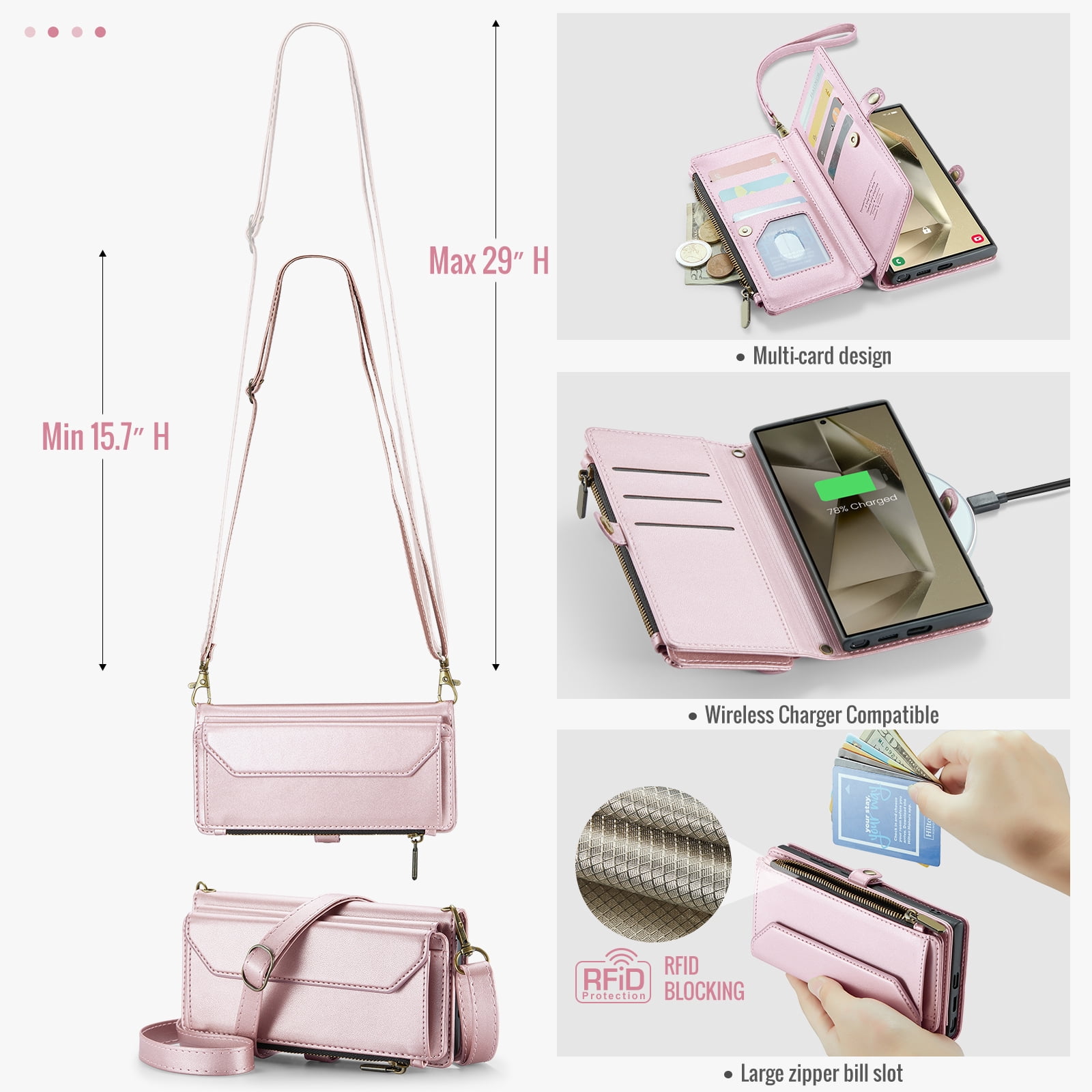 Compatible with Samsung Galaxy S24 Ultra 5G Zipper Wallet Phone Case Tempered Glass Screen Protector Crossbody Lanyard Strap Flip Card Holder Slot Cell Cover for S24Ultra 24S S 24 24U Women Rose Gold