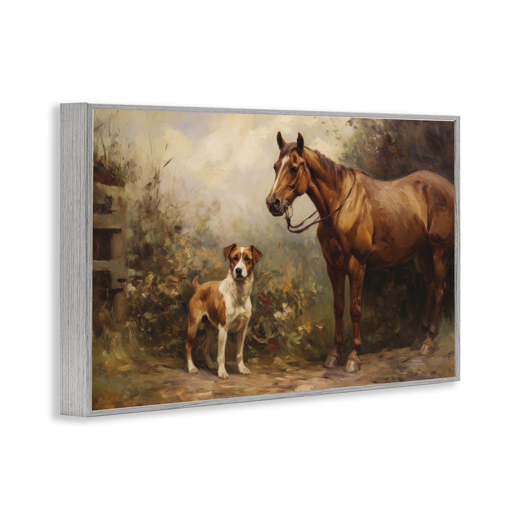 Stupell Industries Horse & Dog in Nature Landscape Painting Gray Framed Art Print Wall Art, 30 x 20